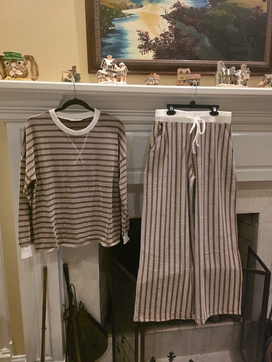 Zenana Outfitters Pants - Zenana Outfitters Brown & White Striped Wide-Leg Knit Pants Set